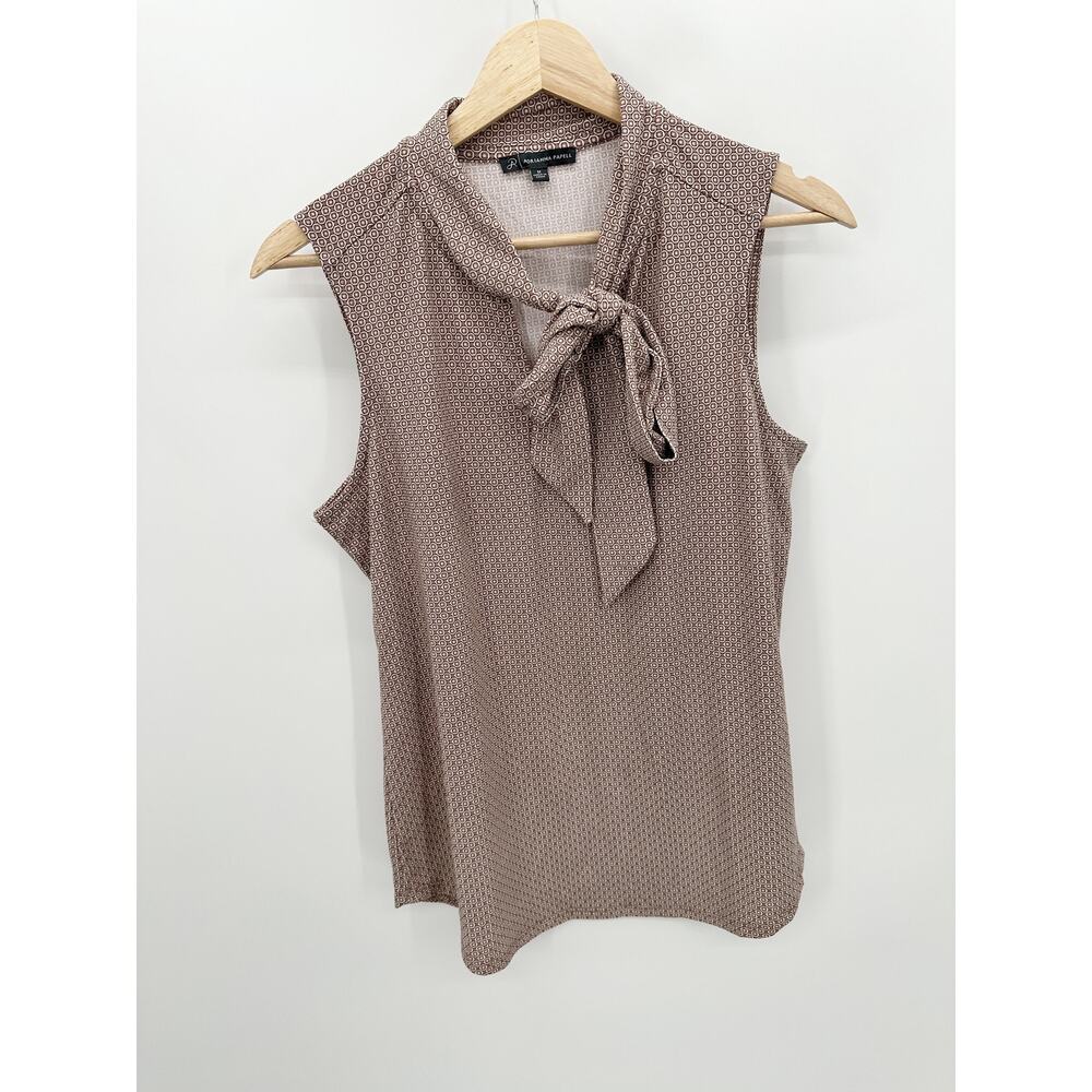 Adrianna Papell Women Medium Brown Circle Print Tie Neck Sleeveless Blouse Top